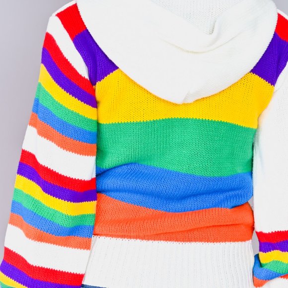 VINTAGE Rainbow Knit Zipper Sweater with Hood 70s Unique Rare Pullover - Picture 5 of 8